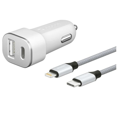 АЗУ Deppa USB Type-C+USB A QC 3.0 + кабель USB-C-8-pin (MFI) нейлон White фото 